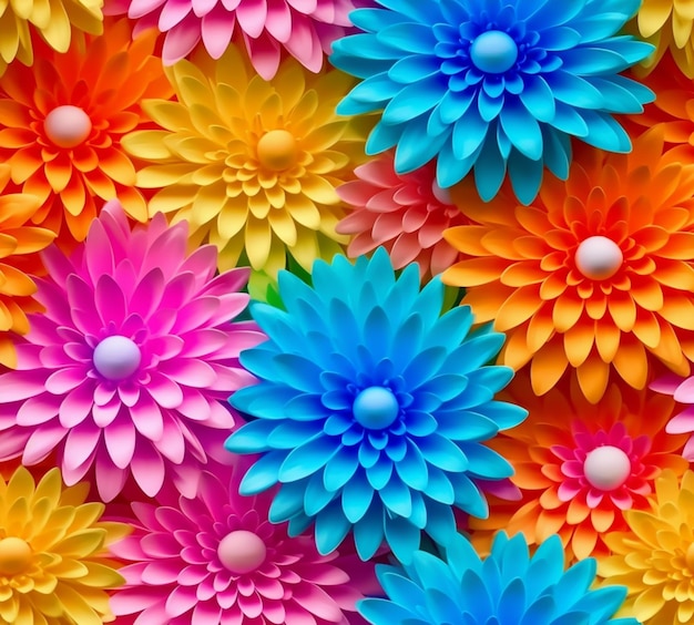 Foto fiori dai colori vivaci sono disposti in un modello su una parete generativa ai