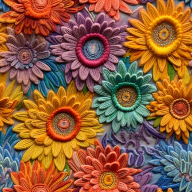 Brightly colored flowers are arranged in a pattern on a wall generative ai