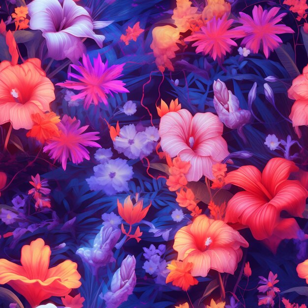 Brightly colored flowers are in a field of green and purple ai generative