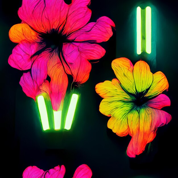 Foto fiori dai colori vivaci brillano al buio con luci al neon generative ai