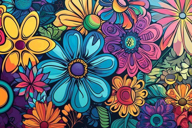Photo brightly colored flowers are painted on a wall in a room generative ai