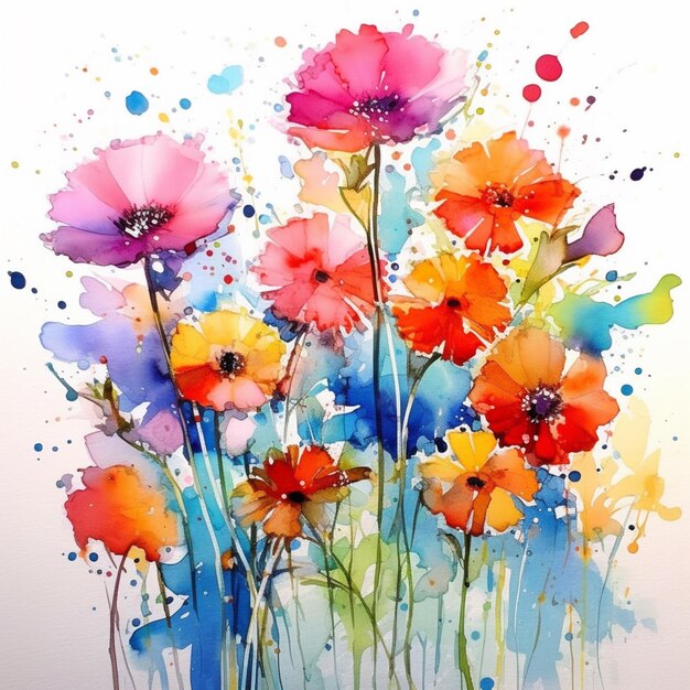 Brightly colored flowers are painted in a watercolor style generative ai