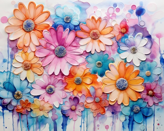 Brightly colored flowers are painted on a white surface with blue and orange paint generative ai