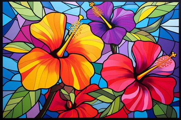 Brightly colored flowers are in a stained glass window with a black frame generative ai