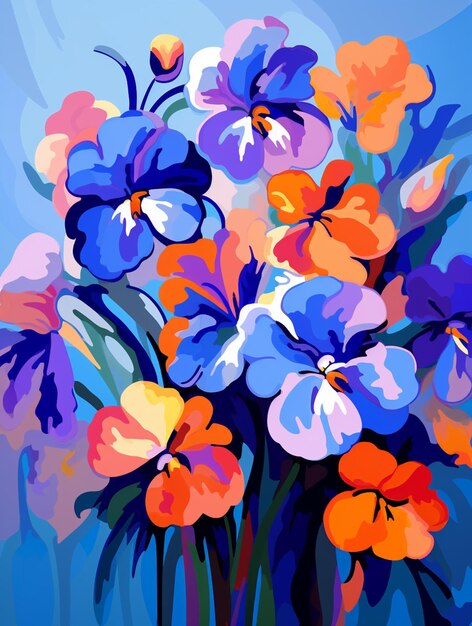 Brightly colored flowers are in a vase against a blue background generative ai