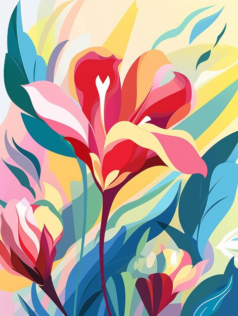 Brightly colored flowers are in a vase with green leaves generative ai