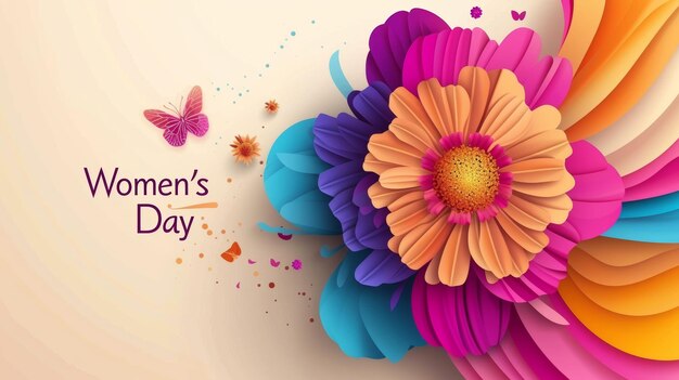 Brightly colored flowers and butterflies on a beige backdrop with Womens Day message