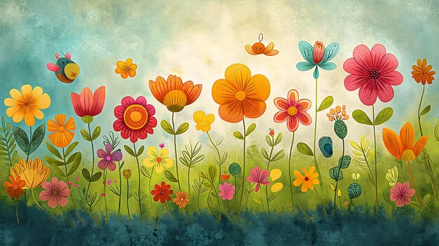 Photo brightly colored flowers butterflies field grass cute illustration association crafts more