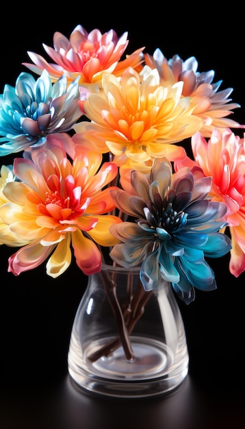 brightly colored flowers in a clear vase on a black surface generative ai