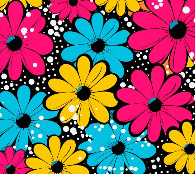 brightly colored flowers and dots on a black background generative ai