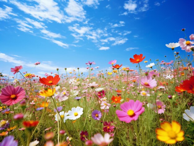 Brightly colored flowers in a field with a blue sky in the background generative ai