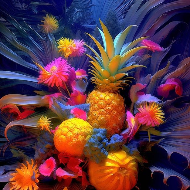 Brightly colored flowers and fruit are arranged in a vase generative ai