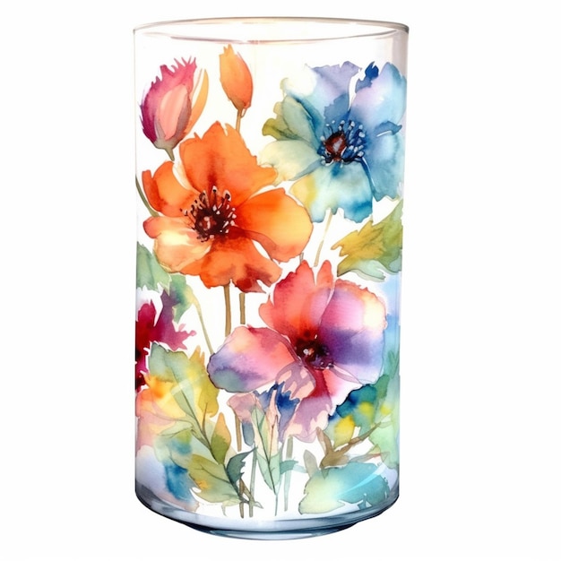 Brightly colored flowers in a glass vase on a white background generative ai