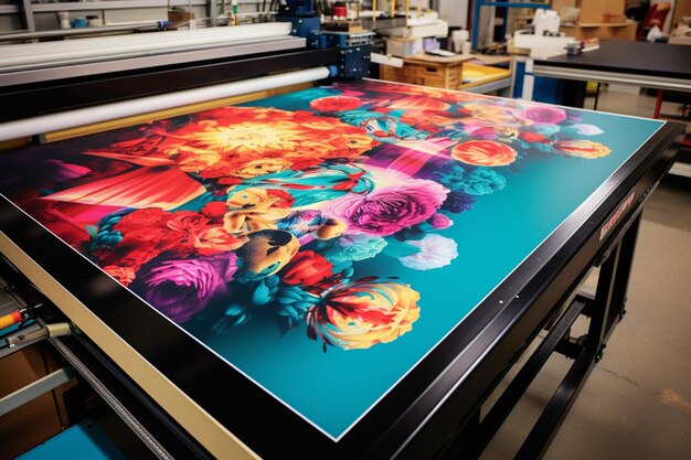 Photo brightly colored flowers on a large print on a large table generative ai