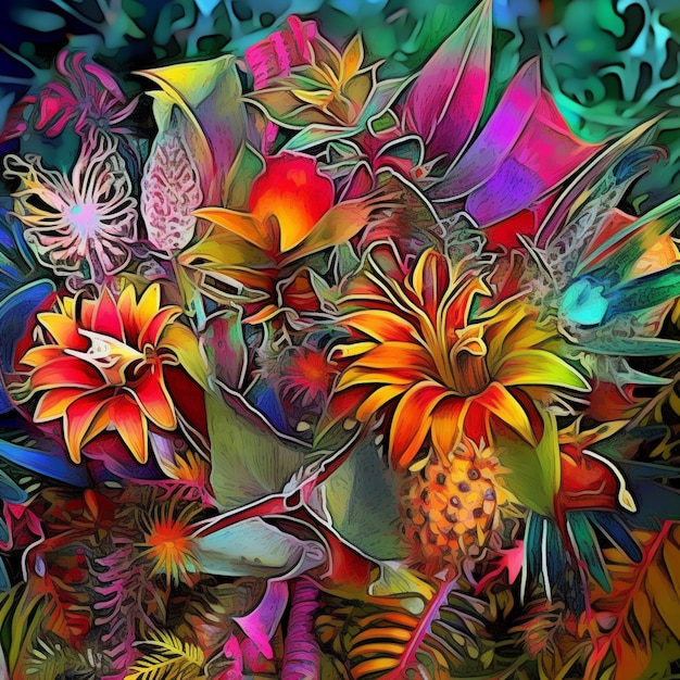 Brightly colored flowers and leaves are arranged in a vase generative ai