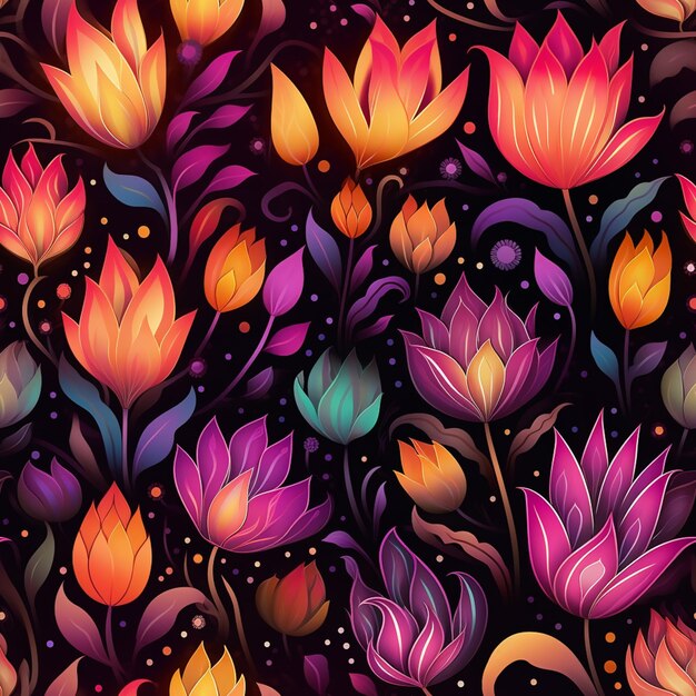 Photo brightly colored flowers and leaves on a dark background generative ai