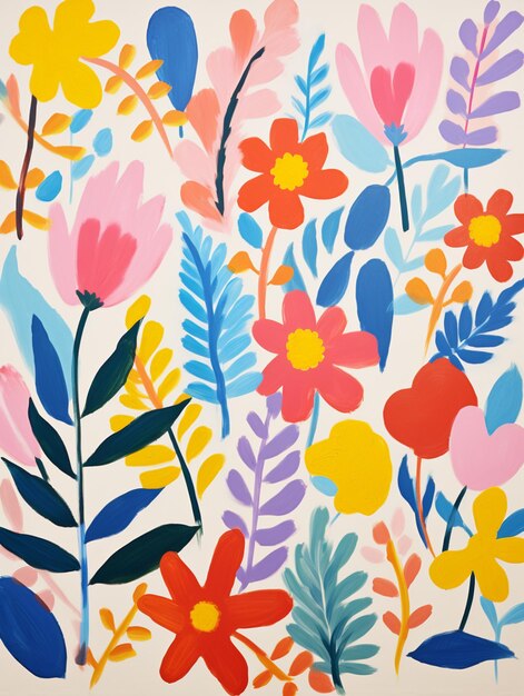 Brightly colored flowers and leaves painted on a white wall generative ai