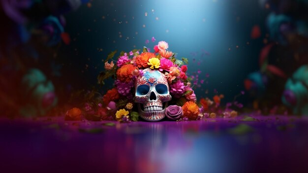 밝은 색의 꽃은 어두운 방 생성 인공 지능에서 두개골을 둘러싸고 있습니다.