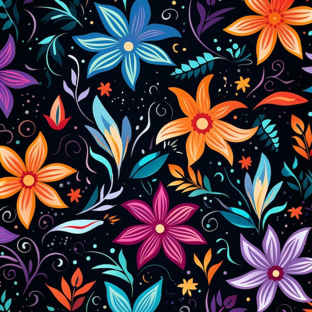 Foto fiori dai colori vivaci e vortici su uno sfondo nero