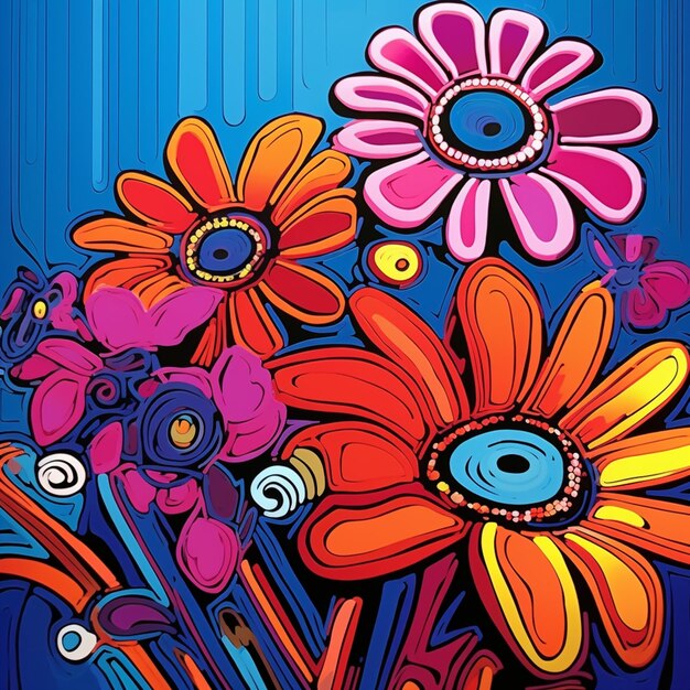 Foto fiori dai colori vivaci in un vaso su uno sfondo blu generativo ai