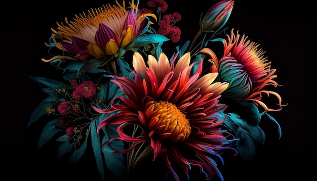 Photo brightly colored flowers in a vase on a black background generative ai