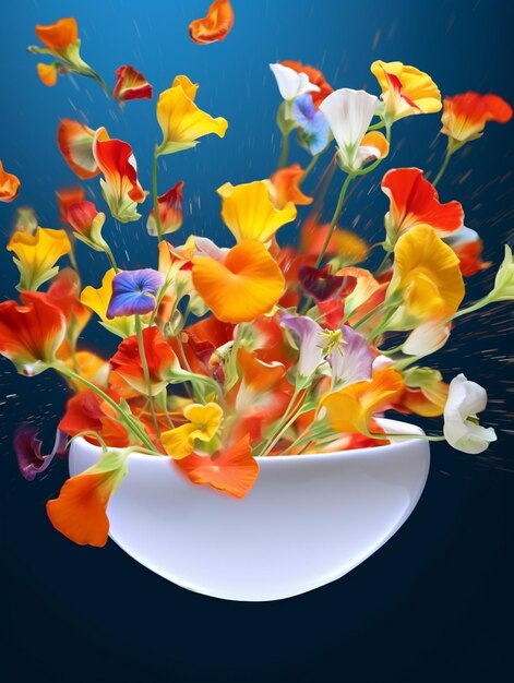 Brightly colored flowers in a white vase with water splashing from it generative ai