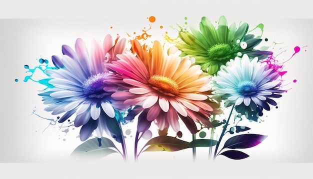 Brightly colored flowers with splatters of paint on a white background generative ai