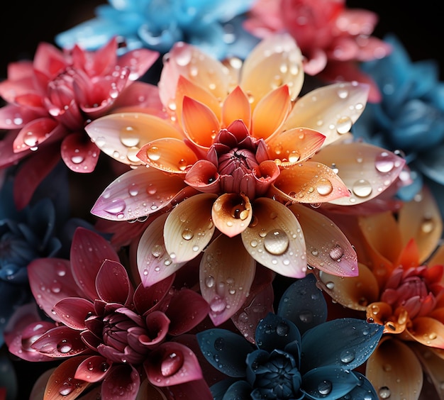 brightly colored flowers with water droplets on them are in a vase generative ai