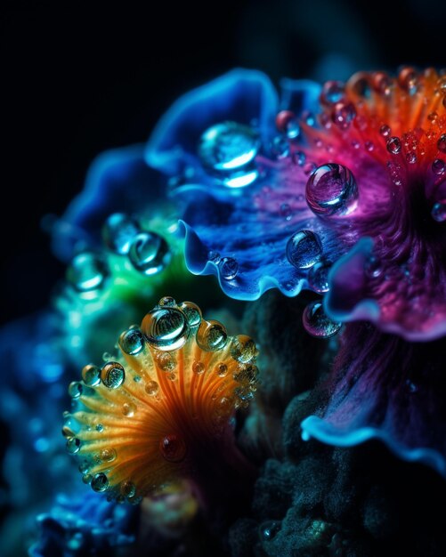 Photo brightly colored flowers with water droplets on them in a dark room generative ai