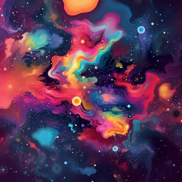 Brightly colored fluid painting of a space with planets and stars generative ai