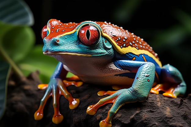 写真 黒い背景の黒い表面に座っている鮮やかな色のカエル