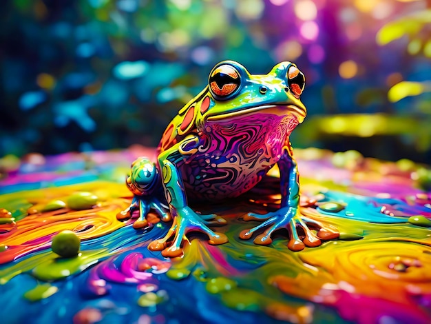 Фото Ярко окрашенная лягушка сидит на красочной поверхности генеративного ии
