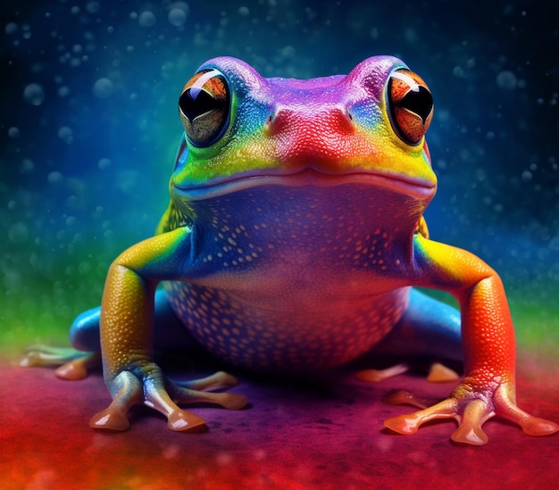 Brightly colored frog sitting on a red surface with a blue background generative ai