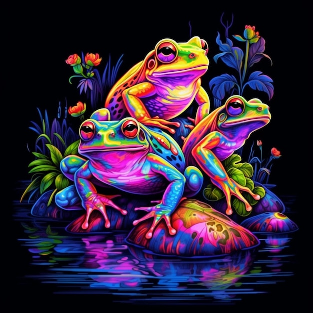 a brightly colored frog sitting on a rock in the water generative ai