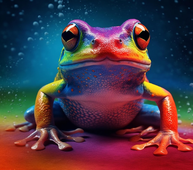 Ярко окрашенная лягушка с большими глазами сидит на красочной поверхности, генерирующей ИИ