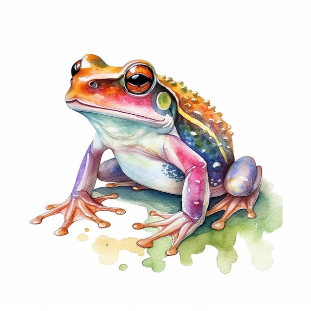 Brightly colored frog with glasses sitting on a leafy surface generative ai