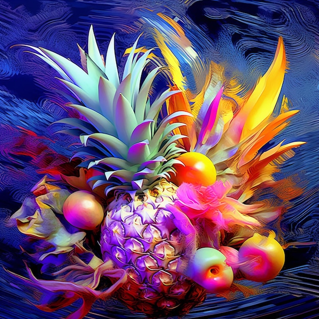 Brightly colored fruit arrangement on a blue background with a swirly pattern generative ai