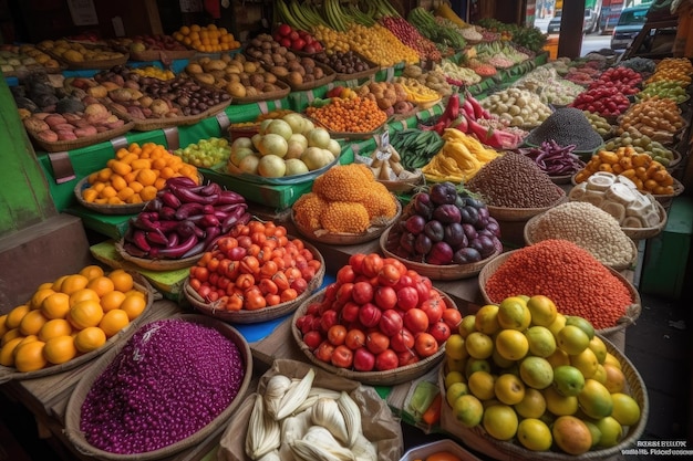 Brightly colored fruits and vegetables at exotic market created with generative ai