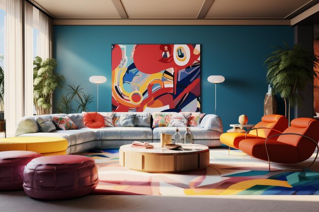 Photo brightly colored furniture in a bright living room with a large painting generative ai
