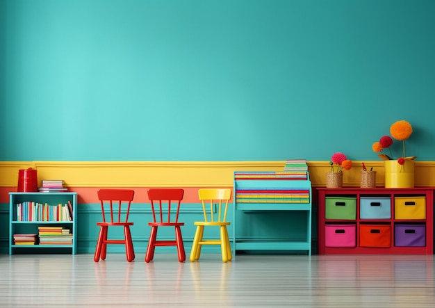 Photo brightly colored furniture in a bright room with a blue wall generative ai