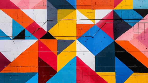 Photo brightly colored geometric painted wall with a fire hydrant in front generative ai