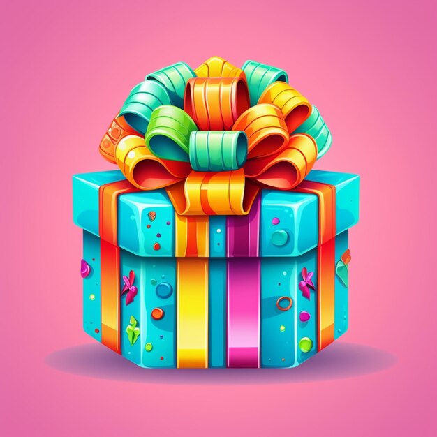 Brightly colored gift box with a bow and ribbons on a pink background ai generative