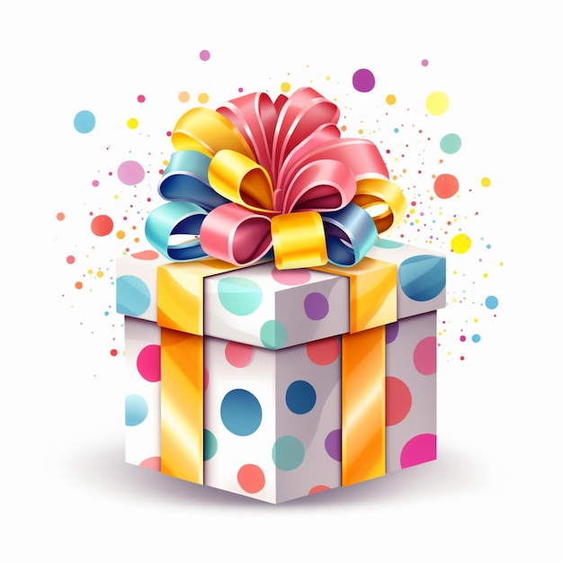 다채로운 활과 콘티 점이 있는 밝은 색의 선물 상자