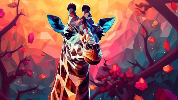 Brightly colored giraffe in a forest with trees and flowers ai generative