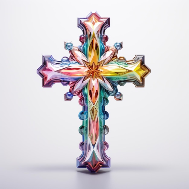 Photo brightly colored glass cross with a large center surrounded by smaller beads generative ai