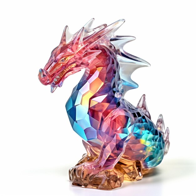 brightly colored glass dragon figurine sitting on a rock generative ai