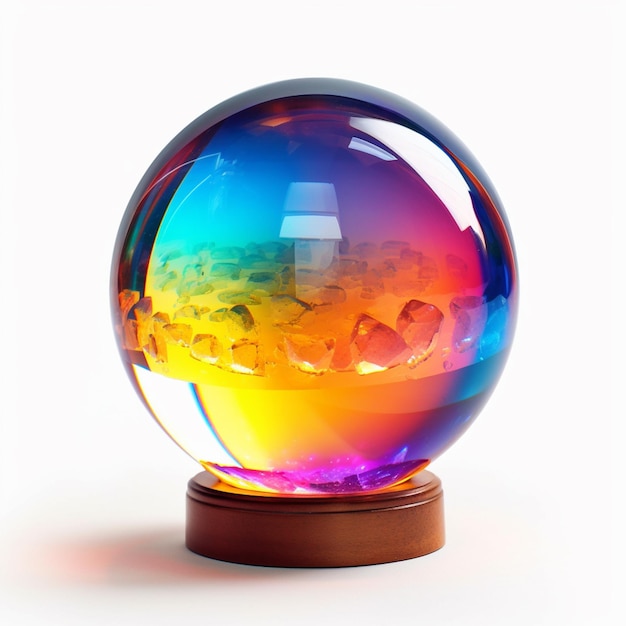 Brightly colored glass sphere with a wooden base on a white surface generative ai