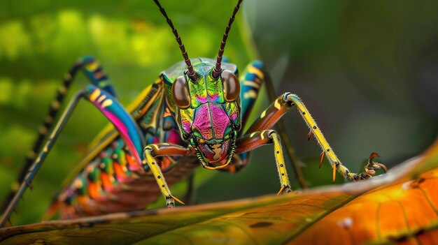 Photo a brightly colored grasshopper sits on a leaf its wings folded closed the background is a blur of green leaves