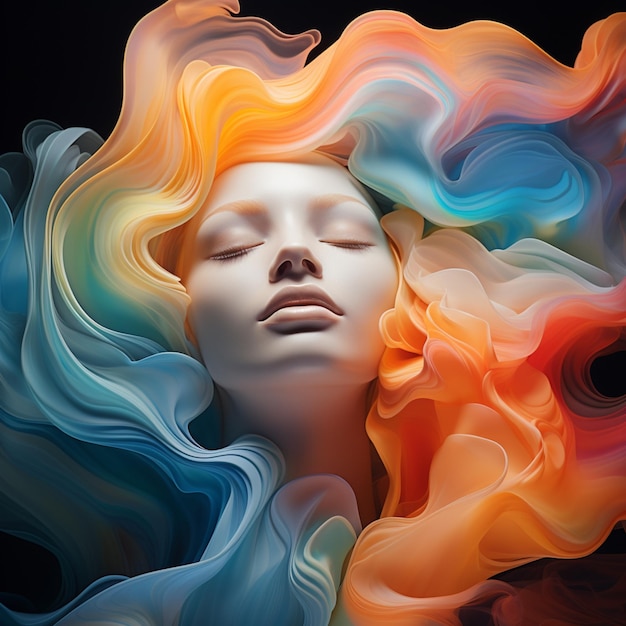 Brightly colored hair of a woman with closed eyes and closed eyes generative ai