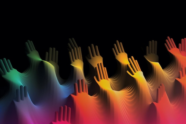 Photo brightly colored hands reaching up in a row against a black background generative ai